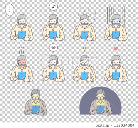 タブレットを持っているメガネをかけたシニア男性が様々な表情を浮かべている上半身のイラスト10セット 112034004