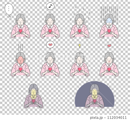 10 sets of illustrations of the upper body of an elderly woman holding a smartphone with various expressions 112034011