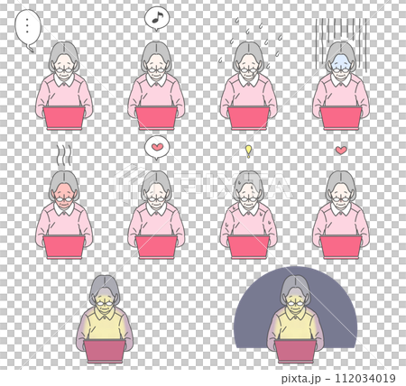 ノートパソコンの前でメガネをかけたシニア女性が様々な表情を浮かべている上半身のイラスト10セット ノートパソコンの前でメガネをかけたシニア女性が様々な表情を浮かべている上半身のイラスト10セット 112034019