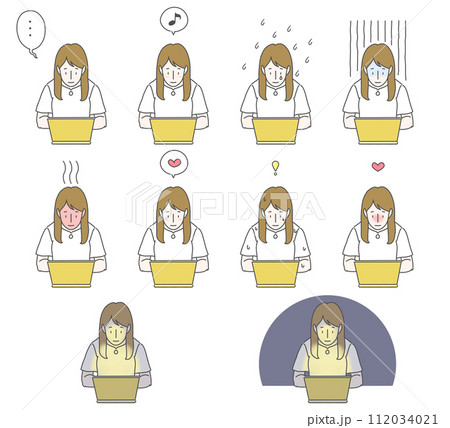 ノートパソコンの前で髪の長い女性が様々な表情を浮かべている上半身のイラスト10セット ノートパソコンの前で髪の長い女性が様々な表情を浮かべている上半身のイラスト10セット 112034021