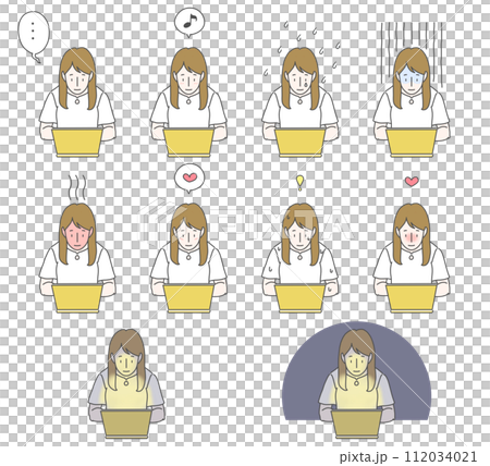 ノートパソコンの前で髪の長い女性が様々な表情を浮かべている上半身のイラスト10セット ノートパソコンの前で髪の長い女性が様々な表情を浮かべている上半身のイラスト10セット 112034021