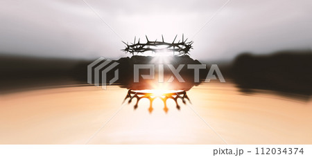 The inversion of the crown of thorns and the crown, which symbolizes Jesus' suffering and trials, symbolizes the death of the Savior and the resurrected King, background for Passion Week. 112034374