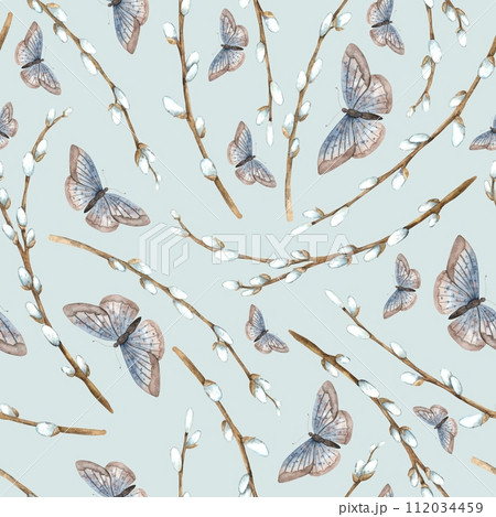 Watercolor Easter pattern on a blue background with willow and butterflies. Easter holiday illustration hand drawn. Sketch on isolated background for greeting cards, invitations, happy holidays, poste 112034459