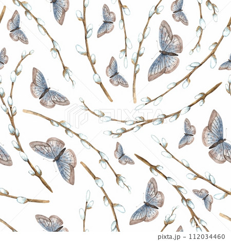 Watercolor Easter pattern on a white background with willow and butterflies. Easter holiday illustration hand drawn. Sketch on isolated background for greeting cards, invitations, happy holidays, post 112034460
