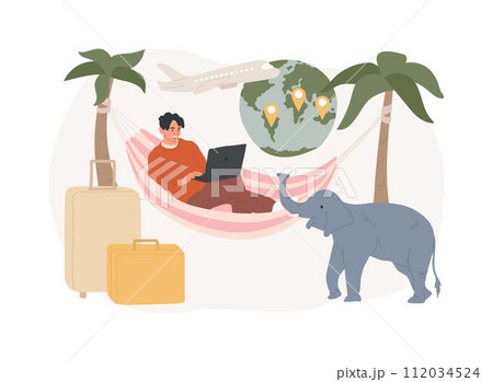 Nomadism isolated concept vector illustration. Without fixed habitation, rural nomad, hunters gatherers pastoral, non-sedentary people, movement, inside tents, riding a horse vector concept. 112034524