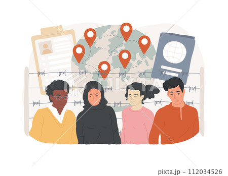 International migration isolated concept vector illustration. International migrants, border control, movement of people, leaving a country, application form, travel with bag vector concept. 112034526