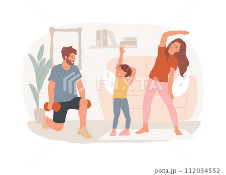 Home gymnastics isolated concept vector illustration. Stay active amid quarantine, power training online, exercise program, at-home workout, social distance, fitness livestream vector concept. Home gymnastics isolated concept vector illustration. Stay active amid quarantine, power training online, exercise program, at-home workout, social distance, fitness livestream vector concept. 112034552