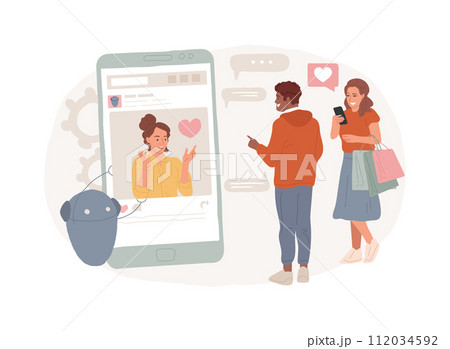 Virtual influencer isolated concept vector illustration. Influencer marketing, digital agency service, virtual character, computer-generated person, social media, brand avatar vector concept. 112034592