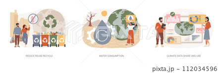 Save the planet isolated concept vector illustration set. Reduce Reuse Recycle, water consumption, climate data share and use, upcycling program, weather forecast, overconsumption vector concept. 112034596