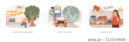 Urban environment isolated concept vector illustration set. Reduction of gas emissions, electric vehicle use, noise pollution, Co2 greenhouse gas, eco-friendly transportation vector concept. 112034606