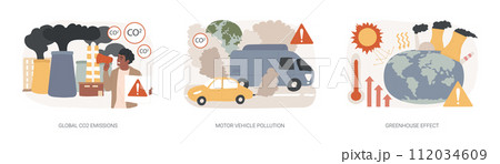 Air pollution isolated concept vector illustration set. Global CO2 emissions, motor vehicle pollution, greenhouse effect, car exhaust, transportation industry, ozone layer vector concept. 112034609