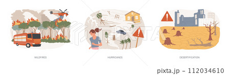 Natural disaster isolated concept vector illustration set. Wildfires and hurricanes, desertification and draught, deforestation problem, climate change, global warming, firefighting vector concept. 112034610