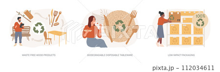 Sustainable materials isolated concept vector illustration set. Waste free wood products, biodegradable eco friendly disposable tableware, low impact packaging, shipping box vector concept. Sustainable materials isolated concept vector illustration set. Waste free wood products, biodegradable eco friendly disposable tableware, low impact packaging, shipping box vector concept. 112034611