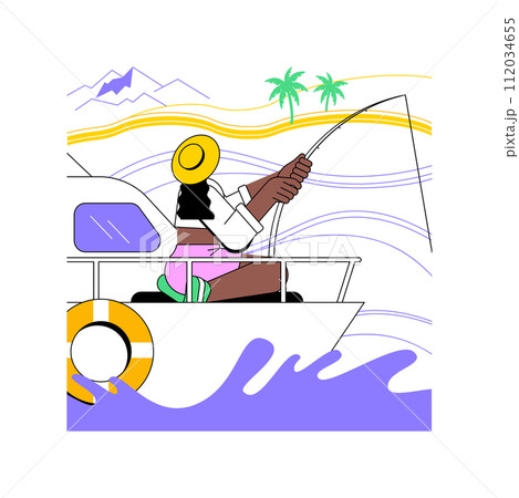 Fishing isolated cartoon vector illustrations. Young girl fishing alone from a boat during summer holidays, cast a rod, people lifestyle, vacation time, active hobby idea vector cartoon. Fishing isolated cartoon vector illustrations. Young girl fishing alone from a boat during summer holidays, cast a rod, people lifestyle, vacation time, active hobby idea vector cartoon. 112034655