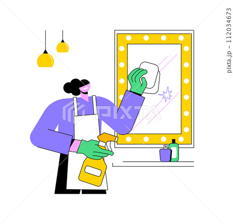 Dusting off isolated cartoon vector illustrations. Woman in gloves wipes the dust on the mirror, cleaning process, home routine, daily chores, household duties, people, lifestyle vector cartoon. Dusting off isolated cartoon vector illustrations. Woman in gloves wipes the dust on the mirror, cleaning process, home routine, daily chores, household duties, people, lifestyle vector cartoon. 112034673