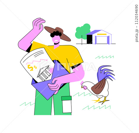 Farm bankruptcy isolated cartoon vector illustrations. Sad farm owner getting a debt document, agribusiness bankruptcy, liquidation process, agricultural enterprise risk vector cartoon. 112034690