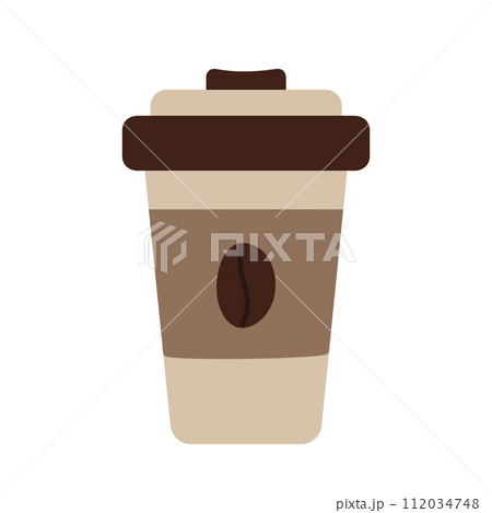 Abstract takeaway disposable cup with lid and bean on it in trendy soft coffee shades. Logo. Isolate Abstract takeaway disposable cup with lid and bean on it in trendy soft coffee shades. Logo. Isolate 112034748