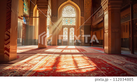 AI-generated content. Interior of a mosque illuminated by sunlight through ornate windows 112034805