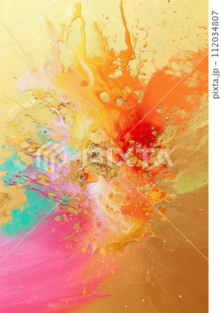AI-generated content. Vibrant abstract art with textured gold foil and oil paint 112034807