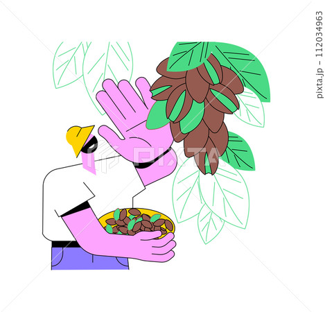 Pistachios growing isolated cartoon vector illustrations. Young farmer picks pistachios from the tree, agriculture enterprise, agribusiness idea, processing-manufacturing sector vector cartoon. Pistachios growing isolated cartoon vector illustrations. Young farmer picks pistachios from the tree, agriculture enterprise, agribusiness idea, processing-manufacturing sector vector cartoon. 112034963