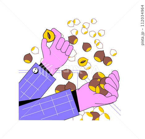 Hazelnuts production isolated cartoon vector illustrations. Farmer controls hazelnuts production, agriculture industry, agribusiness idea, processing-manufacturing sector vector cartoon. Hazelnuts production isolated cartoon vector illustrations. Farmer controls hazelnuts production, agriculture industry, agribusiness idea, processing-manufacturing sector vector cartoon. 112034964