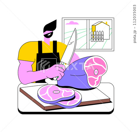 Farm meat products isolated cartoon vector illustrations. Man cuts the farm meat, agriculture industry, agribusiness secondary production sector, fresh raw pork steak vector cartoon. 112035003