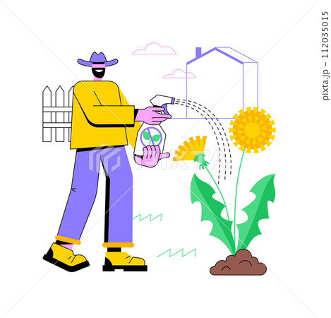 Selective herbicides isolated cartoon vector illustrations. Farmer with sprayer kills weeds, agribusiness industry, agricultural input sector, pest control, countryside lifestyle vector cartoon. 112035015