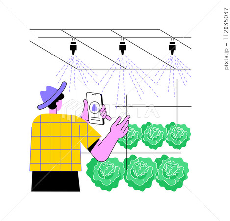 Greenhouse automation isolated cartoon vector illustrations. Farmer turns on automatic watering in greenhouse, modern agriculture, smart farming, computing in agribusiness vector cartoon. 112035037