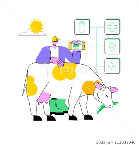 Monitoring health of livestock isolated cartoon vector illustrations. Farmer with smartphone monitors cows health, managing farms using technologies like IoT, drones and AI vector cartoon. 112035046