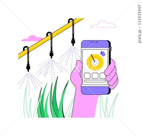 Irrigation monitoring isolated cartoon vector illustrations. Man with smartphone deals with mapping of irrigated land, improve agricultural yield, smart farming, monitor the soil vector cartoon. 112035047