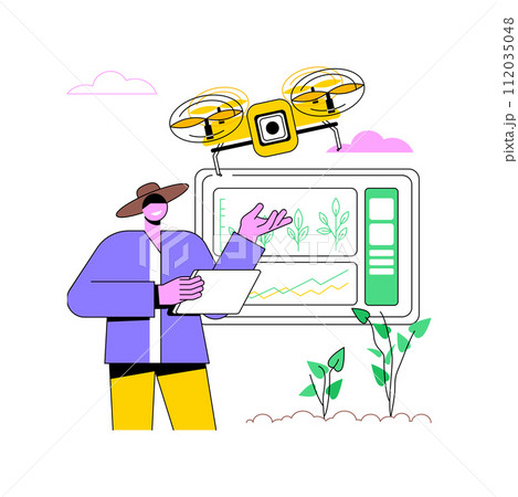 Computer imaging isolated cartoon vector illustrations. Man with tablet determines the size and growth of plants, sensor cameras installed, quality control, smart farming vector cartoon. 112035048