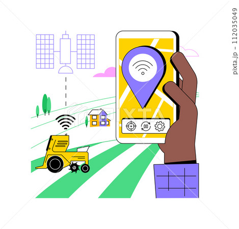 Remote machine navigation isolated cartoon vector illustrations. Farmer with smartphone controls machine navigation, tractors and heavy ploughing equipment run automatically vector cartoon. 112035049