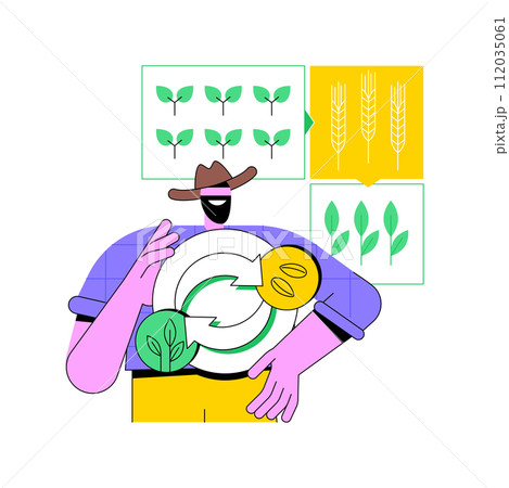 Rotating crops isolated cartoon vector illustrations. Smiling man on farm, crops ripening, growing a series of different plants, sustainable agriculture, organic environment vector cartoon. 112035061