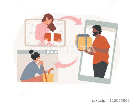 Sharing gifts online isolated concept vector illustration. Online celebration, unpacking present on video, sending greetings on camera, opening gift, virtual party, sharing fun vector concept. 112035063