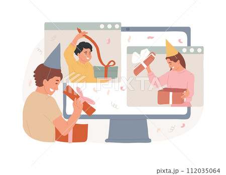 Gift-opening party isolated concept vector illustration. Day-after party, gift-opeing together, family celebration tradition, getting present, guest invitation, brunch event vector concept. 112035064