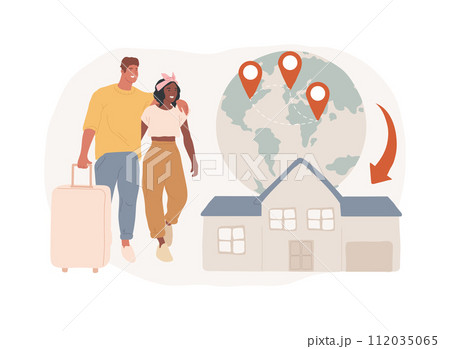 Return migration isolated concept vector illustration. Return of travelers, repatriation grant, circular migration, coming back, moving abroad, flying home, arrival at airport vector concept. 112035065