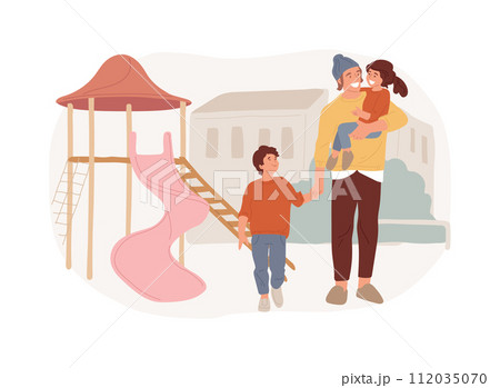 Modern dads isolated concept vector illustration. Stay-at-home father, house super good dad, involve in childrens live, together with kids, active family, spending time playing vector concept. Modern dads isolated concept vector illustration. Stay-at-home father, house super good dad, involve in childrens live, together with kids, active family, spending time playing vector concept. 112035070