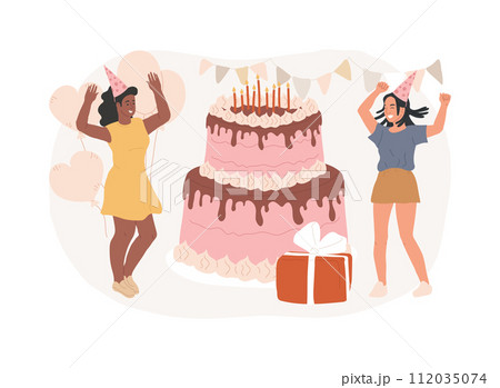 Birthday party isolated concept vector illustration. Celebration supplies, party invitation, planning list, special occasion cake, greeting card, sing happy birthday, sweet 16 vector concept. 112035074