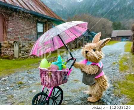 雨の中、傘を持ってベビーカーを押しているうさぎ 112035120