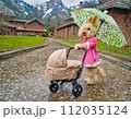 雨の中、傘を持ってベビーカーを押しているうさぎ 112035124
