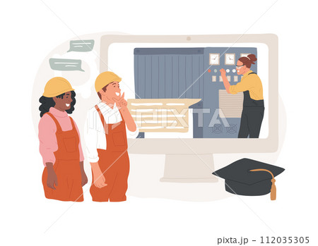 Vocational education isolated concept vector illustration. Professional learning, online vocational technical education, work on automatic lathe, repair machines, student group vector concept. 112035305