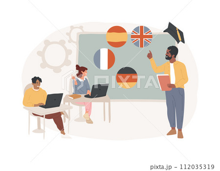 Foreign language workshop isolated concept vector illustration. Foreign language learning group, native speaker course, professional translator, easy english, online education vector concept. 112035319