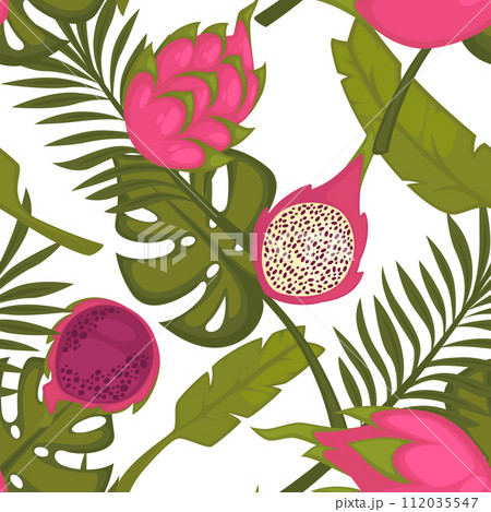 Exotic print with pitahaya and monstera leaves 112035547