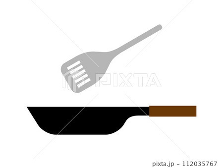 シンプルなフライパンとフライ返しのイラスト シンプルなフライパンとフライ返しのイラスト 112035767