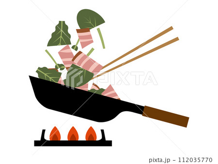 ベーコンと野菜をフライパンで炒めているイラスト ベーコンと野菜をフライパンで炒めているイラスト 112035770