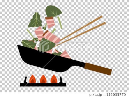 在煎鍋中煎培根和蔬菜的插圖 在煎鍋中煎培根和蔬菜的插圖 112035770