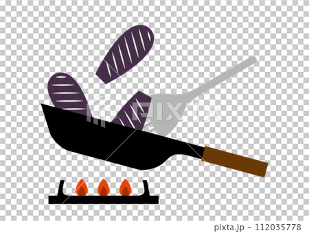 フライパンでナスを焼いているイラスト 112035778