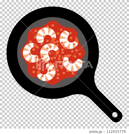 エビチリをフライパンで作っているイラスト エビチリをフライパンで作っているイラスト 112035779