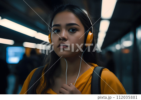 AI-generated content. Young girl with headphones in the subway listening music. Neural network AI generated art 112035881