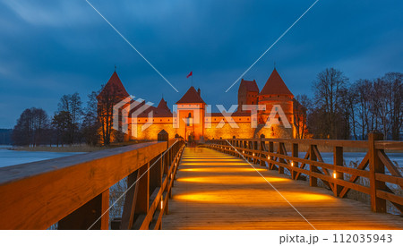 Ancient castle of Trakai in the middle of the lake. Trakai Island Castle historical landmark, Lithuania. Ancient castle of Trakai in the middle of the lake. Trakai Island Castle historical landmark, Lithuania. 112035943
